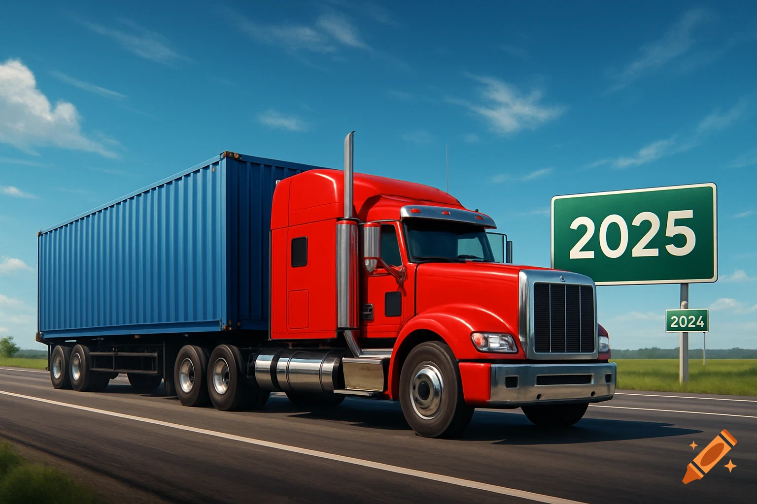 Red semi-truck with a blue shipping container driving on a highway, passing a green road sign with '2025' and a smaller sign with '2024'.