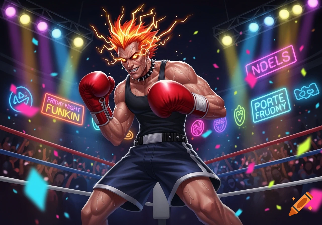 A muscular, red-haired character with glowing eyes and electricity around their head, wearing boxing gloves and shorts, stands aggressively in a boxing ring under neon lights and falling confetti. Stylized art.