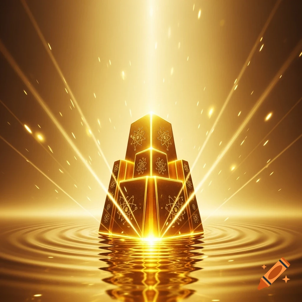 A glowing golden pyramidal structure with atomic symbols rises from shimmering golden water, surrounded by bright light rays and sparks.