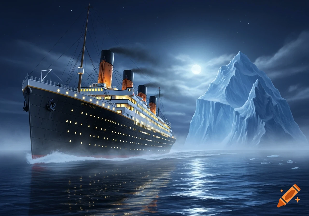A large illuminated ship, reminiscent of the Titanic, sails past a massive iceberg under a full moon in the dark ocean.