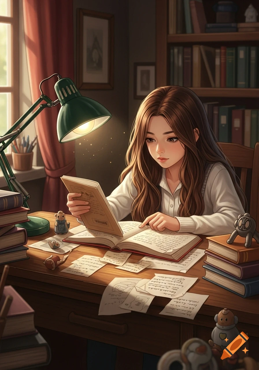 An anime-style girl with long brown hair studies at a wooden desk filled with open books, papers, and a bright green lamp.