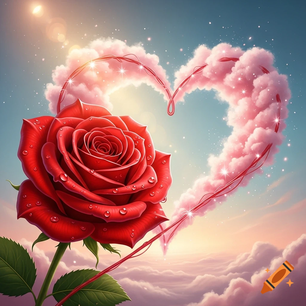 Vibrant red rose with dew drops; soft pink clouds form a sparkling heart in the sky, romantic style.