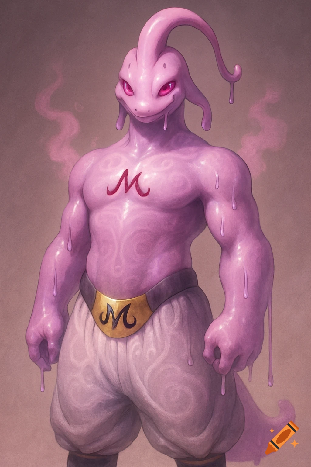 A muscular, pink, slime-like Super Buu with Goodra features and Majin M symbols on its chest and belt.
