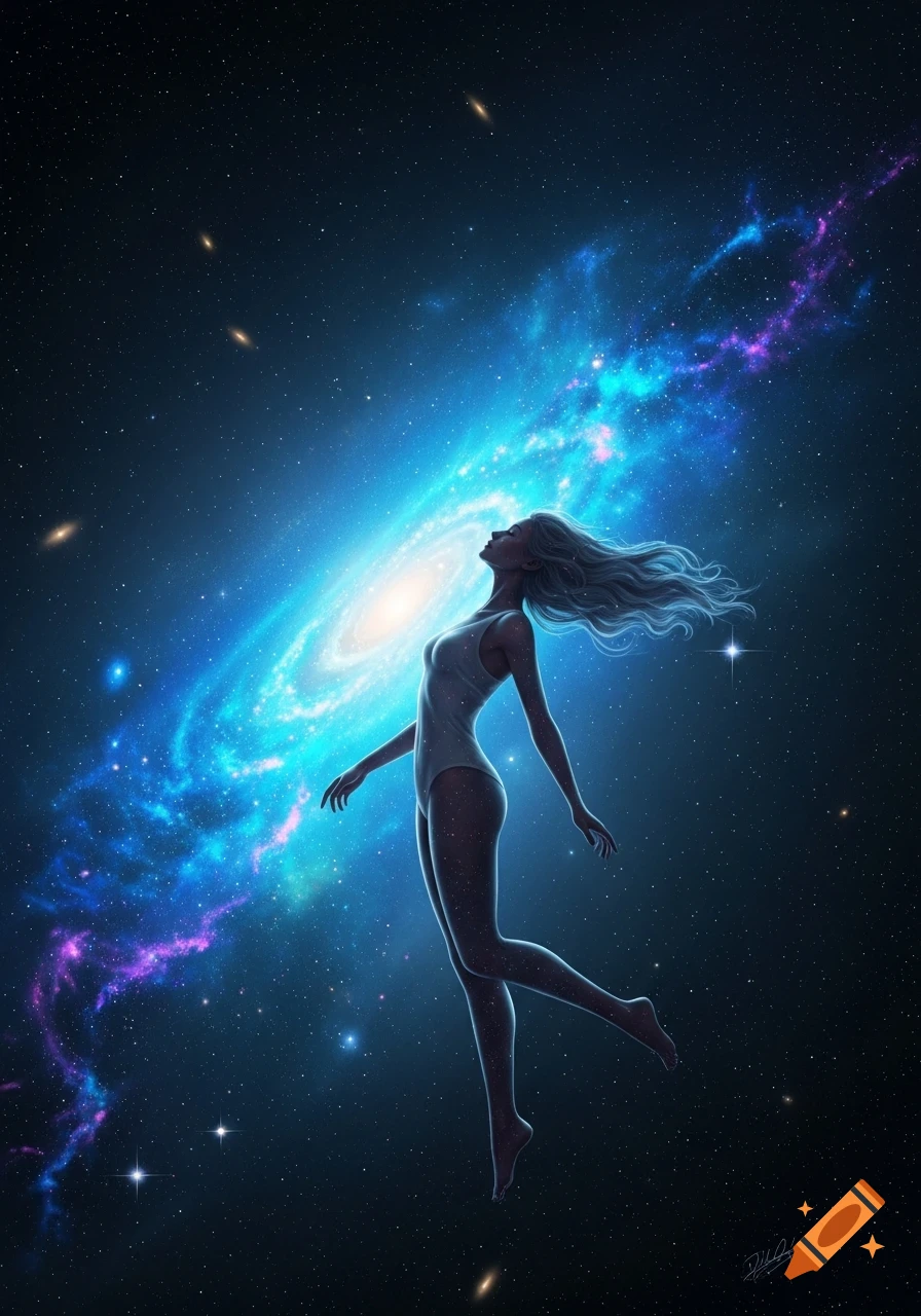 A slender woman in a white bodysuit floats serenely in deep space, illuminated by a vibrant blue and purple nebula and stars.