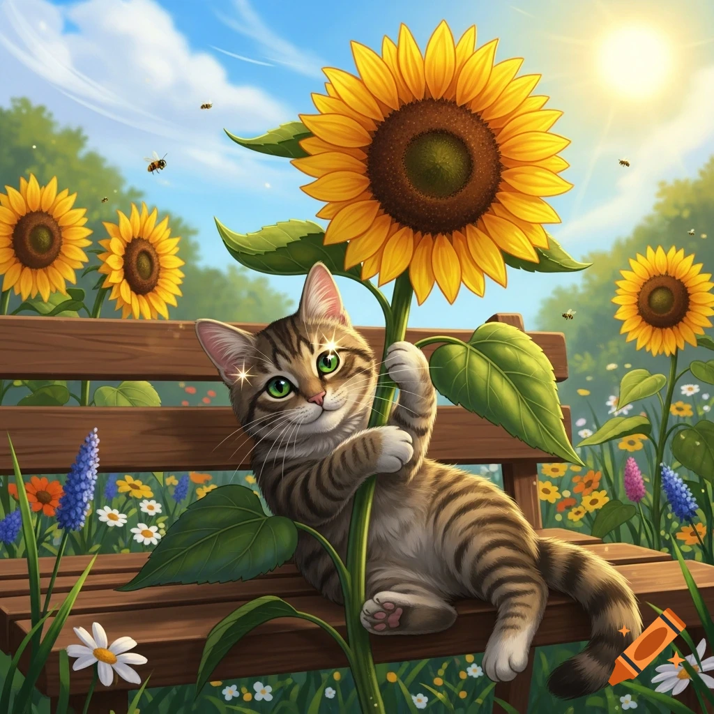 A cute tabby cat rests on a wooden bench, holding a sunflower in a sunny field with more sunflowers and wildflowers. Illustrated.