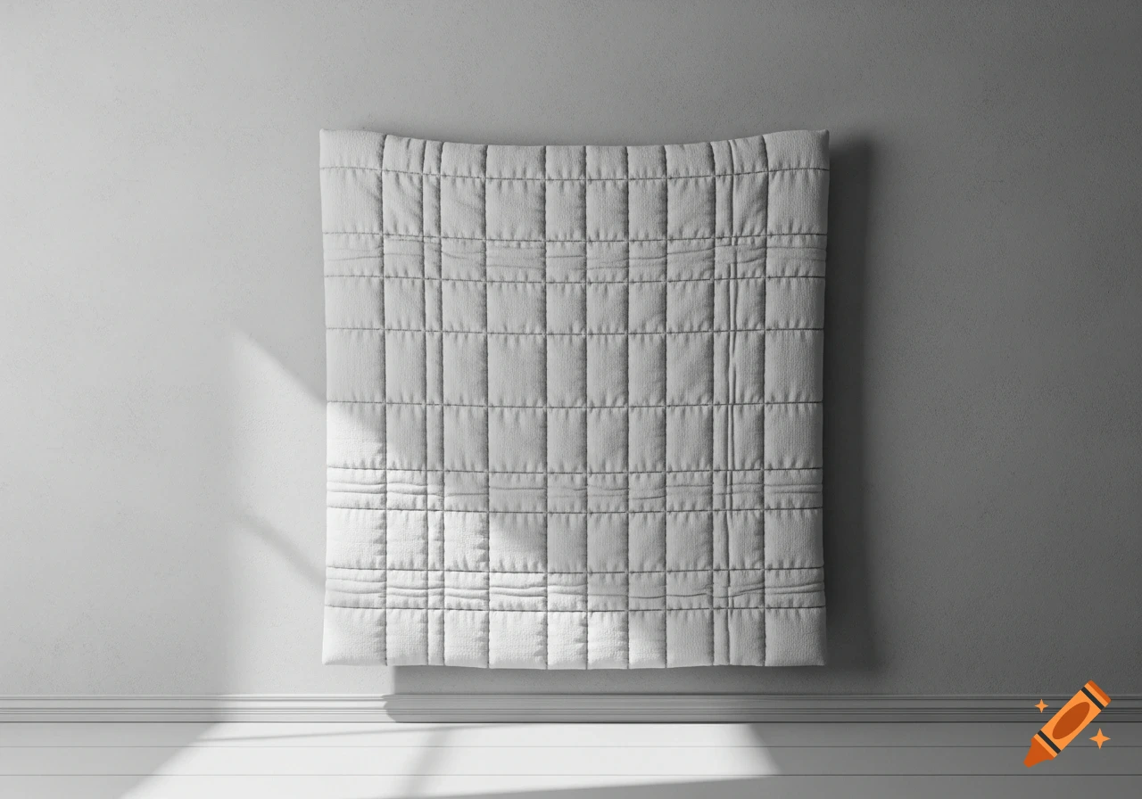 A minimalist quilted panel with horizontal and vertical stitching hangs on a light grey wall, with shadows cast on the floor.