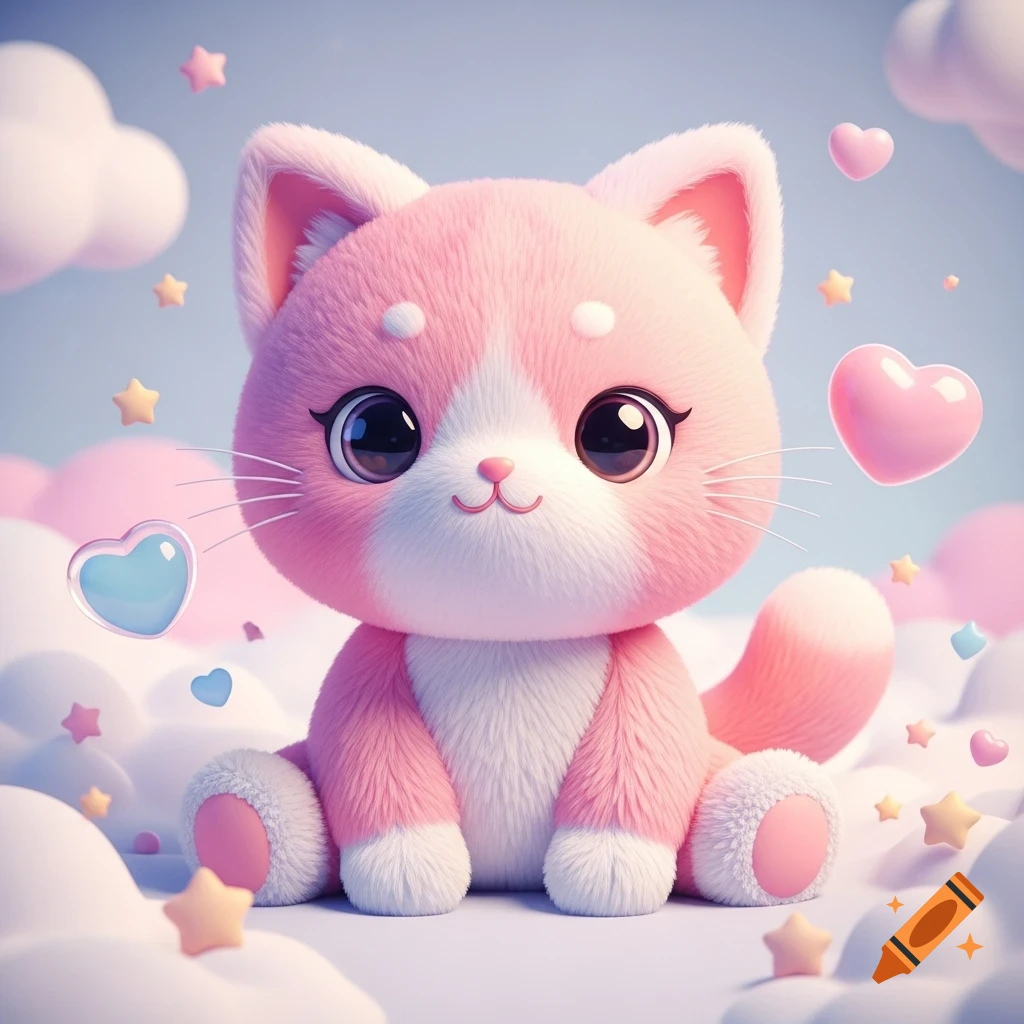 A cute, fluffy pink and white cat plushie with large eyes sits on clouds, surrounded by hearts and stars in a 3D whimsical style.