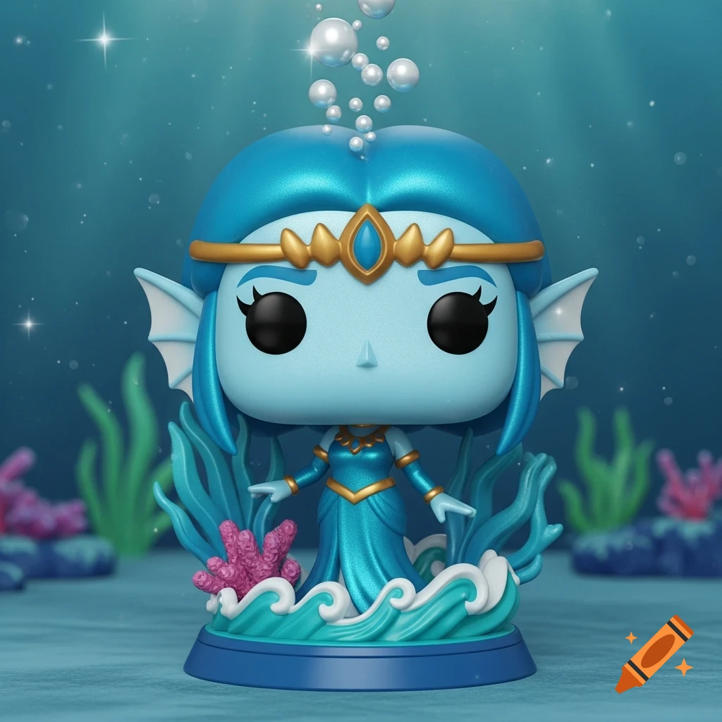 A stylized Funko Pop figure of Princess Ruto, a light blue mermaid princess with a golden crown, in an underwater scene with bubbles and coral.
