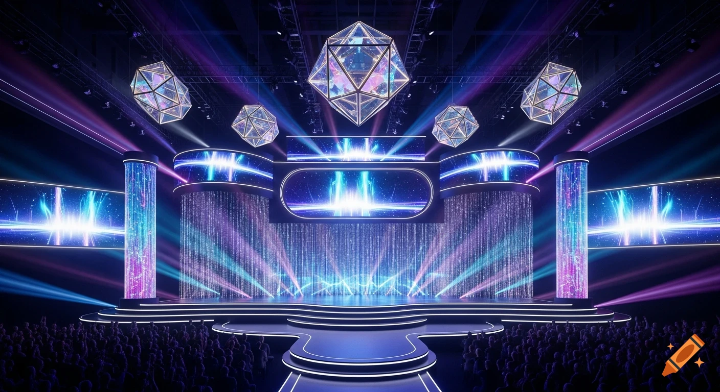 A futuristic event stage with geometric light fixtures, vibrant blue and purple lighting, and a seated audience.