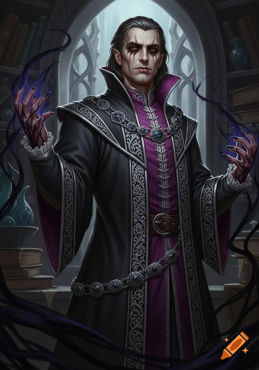 A dark fantasy portrait of a pale male vampire noble with dark markings and shadow tendrils around his hands, wearing black and violet robes in a scholar's chamber.