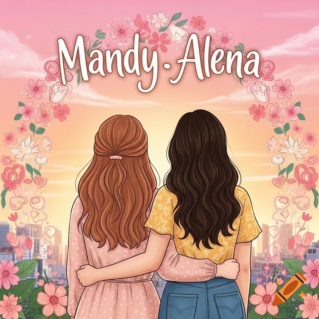 Cartoon illustration of two women embracing from behind, looking at a city skyline at sunset, framed by flowers and the text 'Mandy Alena'.