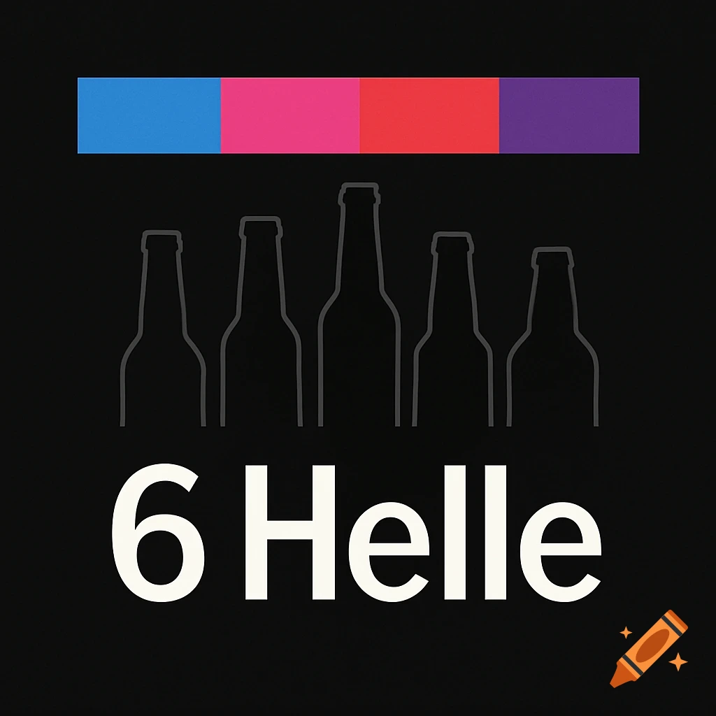 A minimalist logo with a black background, a colorful stripe, five beer bottle outlines, and '6 Helle' text.