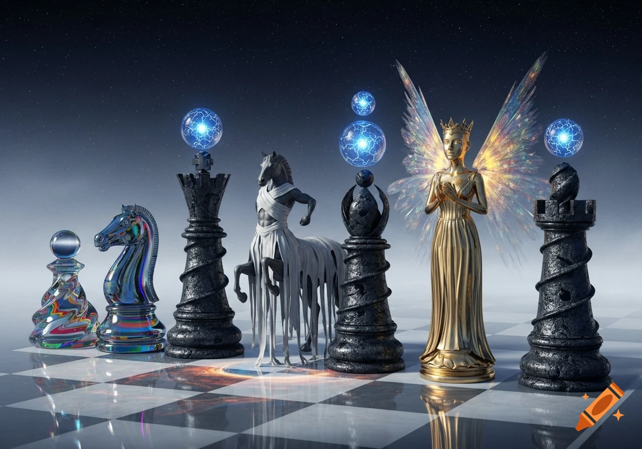 Surreal chess pieces including a glass pawn, iridescent knight, textured black king, centaur, golden fairy queen, and black rook on a chessboard under a starry sky.