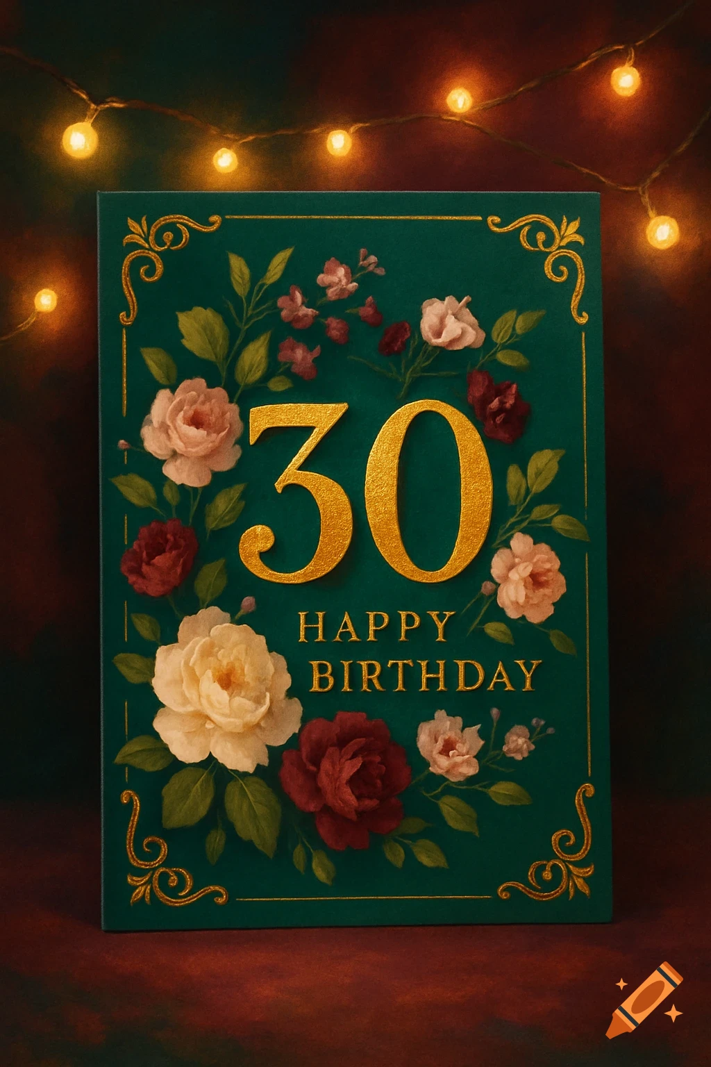 A dark green birthday card featuring a golden '30' and 'Happy Birthday' text, surrounded by pink, red, and cream flowers. String lights glow in the background.