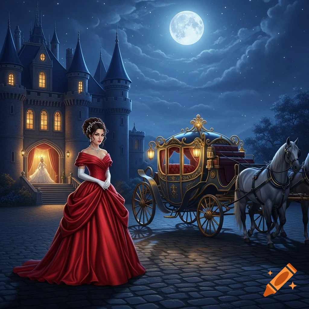 A woman in a red ball gown stands before a grand castle and horse-drawn carriage under a full moon at night, in an illustrative fantasy style.