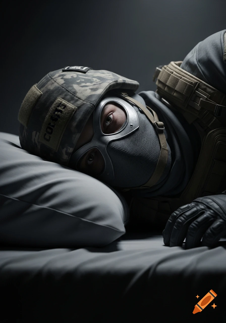 Photorealistic image of a person in military tactical gear, mask, and camo hat lying on a gray bed, looking intently at the viewer.