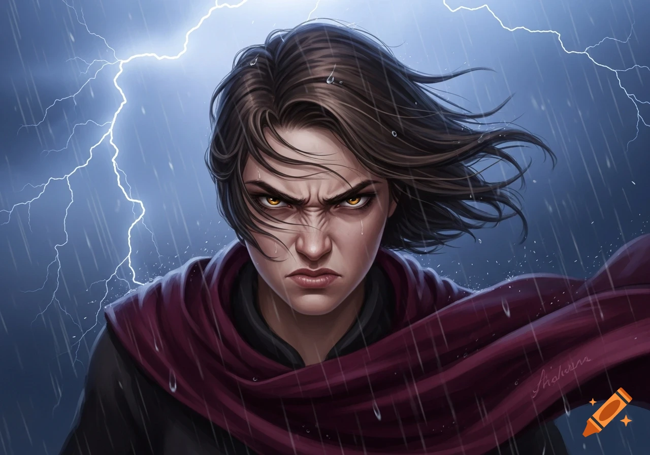 Close-up of a furious person with short brown hair, golden eyes, and a red scarf in heavy rain and lightning, digital painting.
