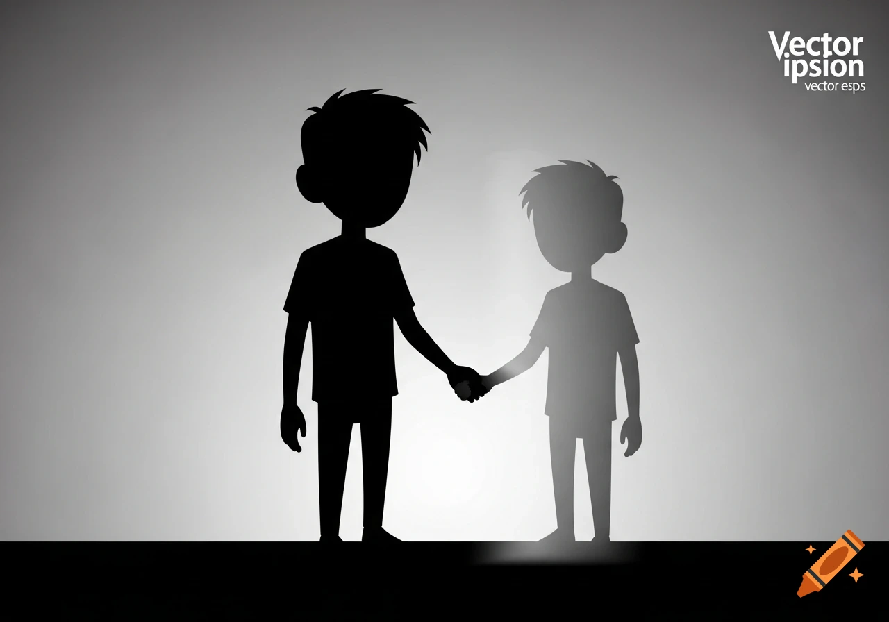 Black cartoon silhouette of a boy holding hands with a lighter, fading silhouette of another boy against a gray background.