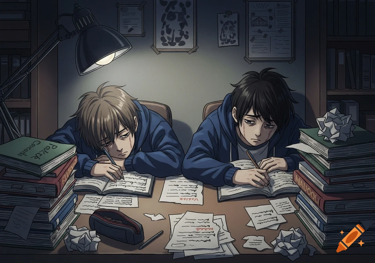 Two tired anime boys study at a messy desk under a lamp, surrounded by books and papers.