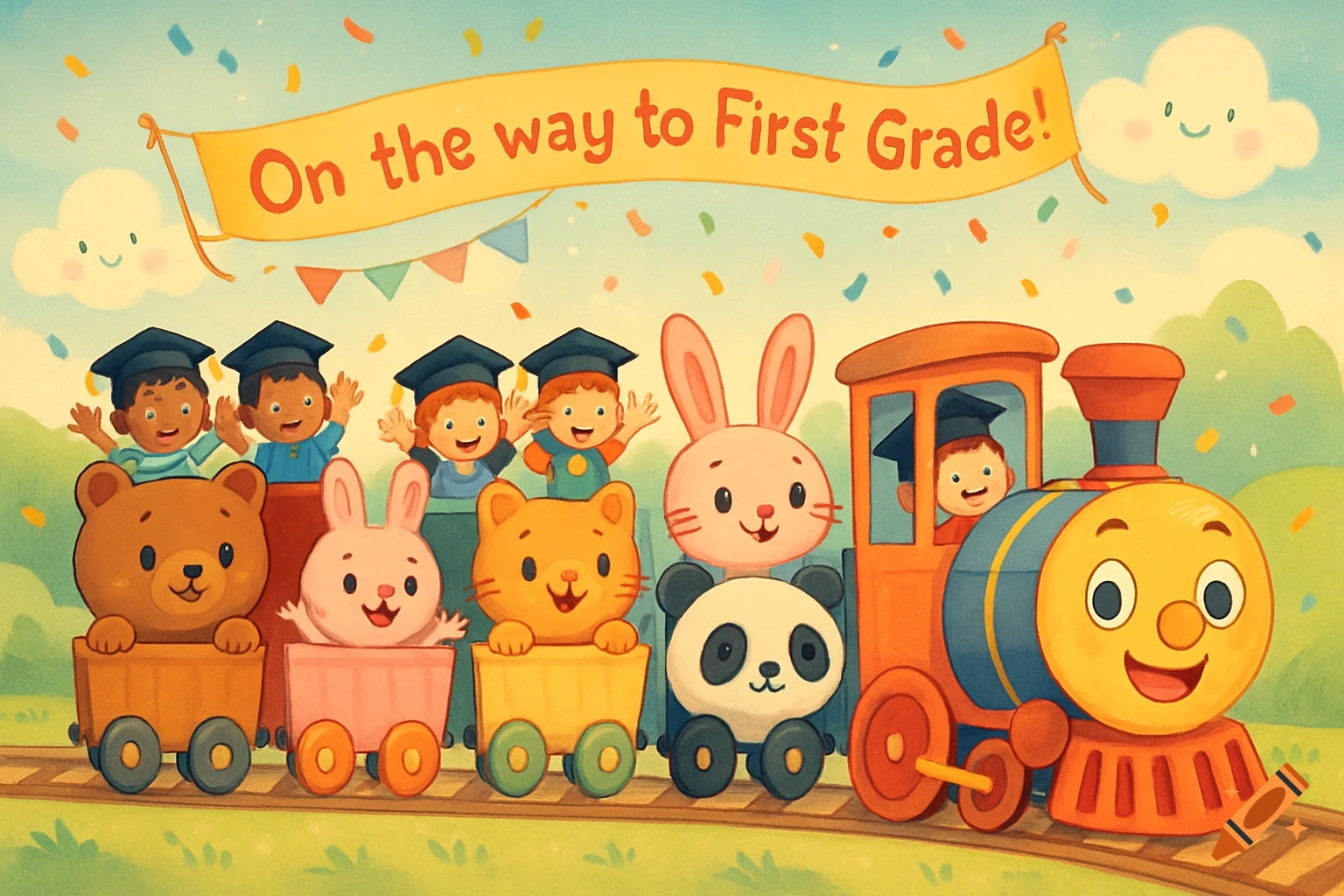 Vibrant cartoon illustration of a graduation train with children in caps in animal cars, a friendly engine, confetti, and a banner "On the way to First Grade!".