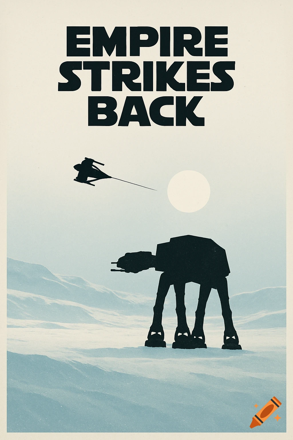 Minimalist poster for Star Wars: The Empire Strikes Back, with black silhouettes of an AT-AT and an airspeeders over a snowy landscape and a white sun.