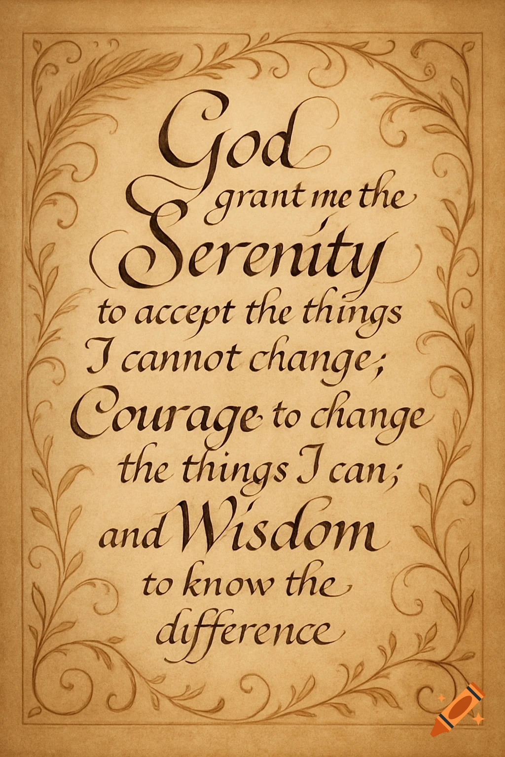 A calligraphic rendering of the Serenity Prayer on a parchment-like background with a decorative border.