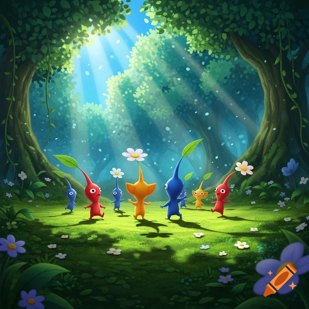 Various colorful Pikmin characters dance and run through a vibrant, sunlit forest with green foliage.