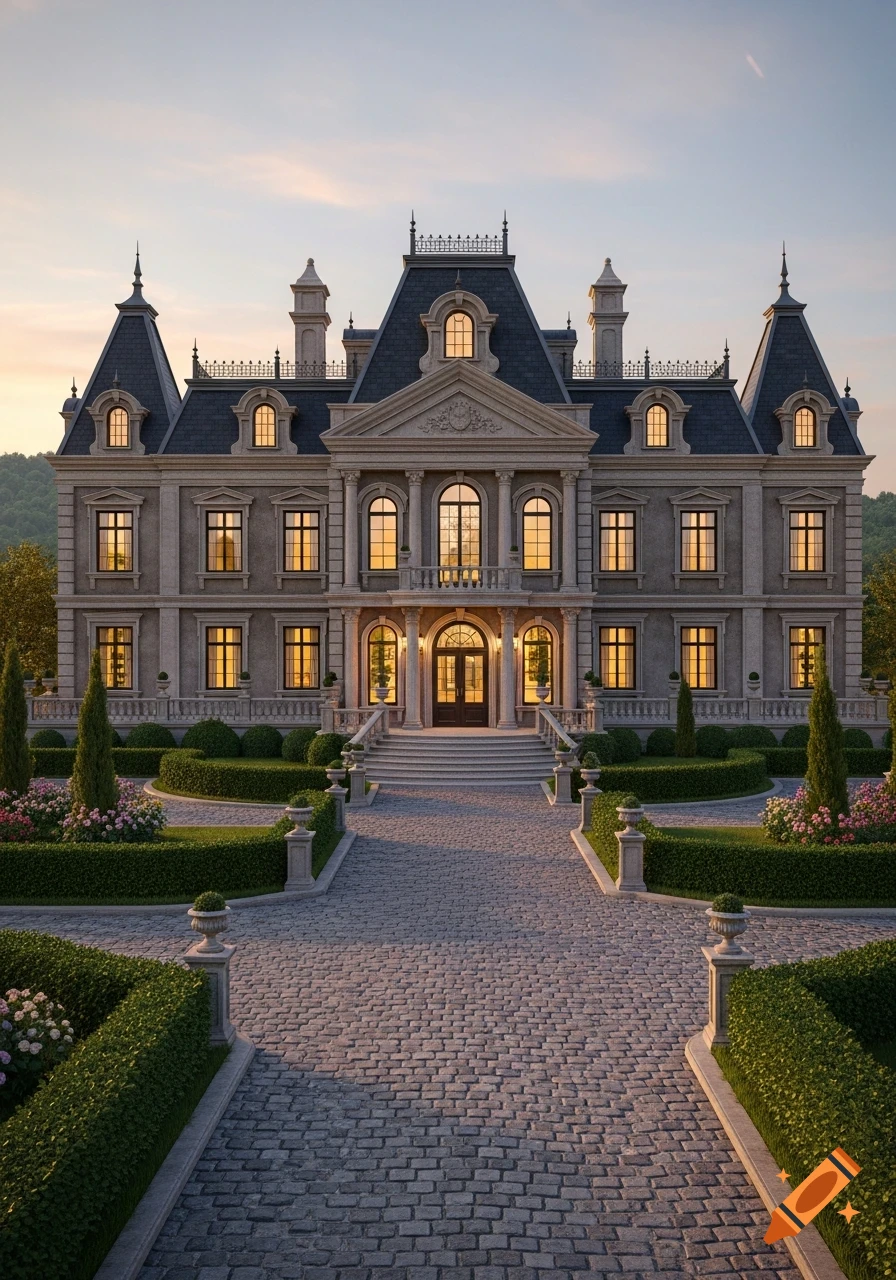 A grand, photorealistic European-style mansion with a dark roof and illuminated windows, surrounded by a manicured garden and paved driveway at dawn.