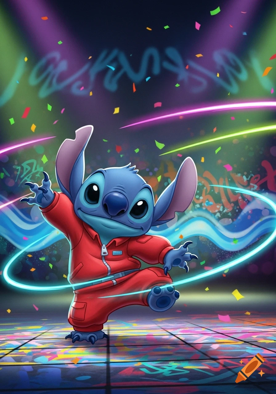 Stitch in a red jumpsuit leaps on a neon dance floor with confetti and graffiti.
