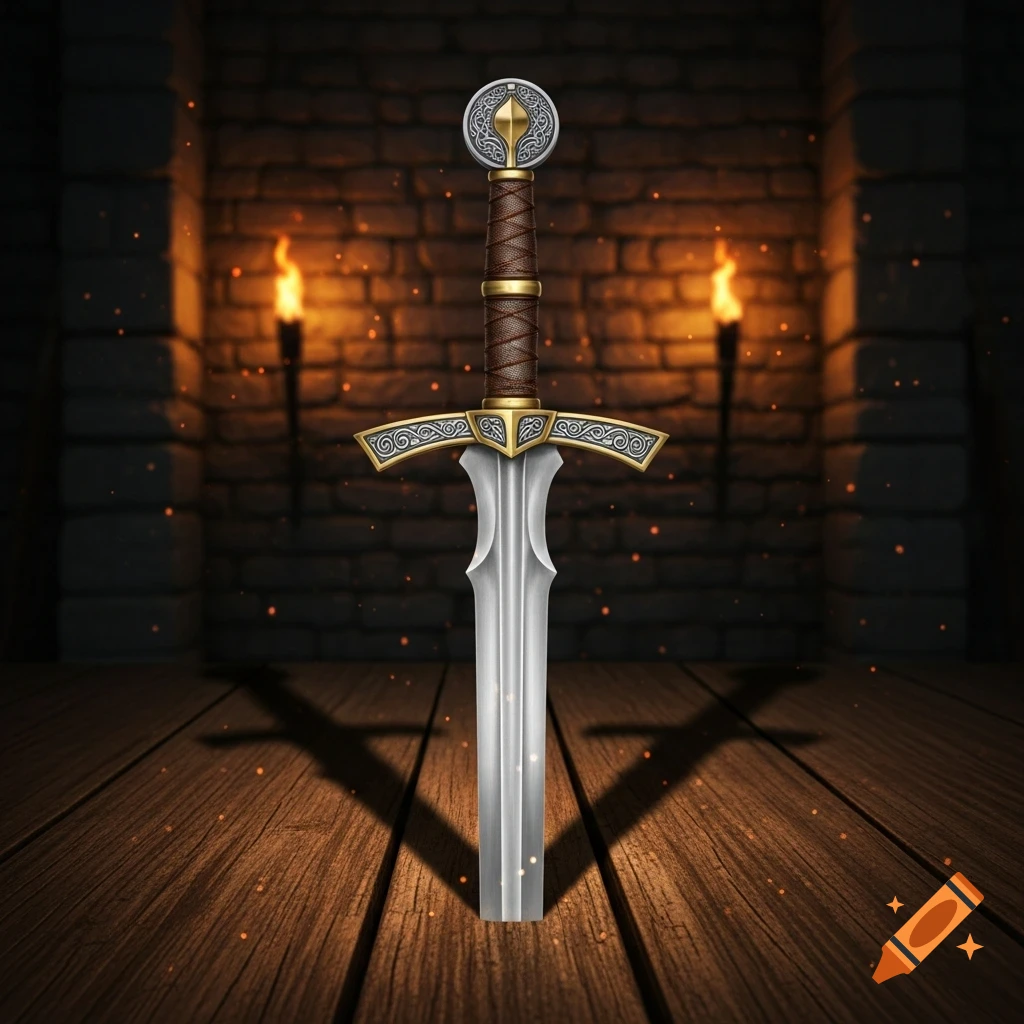 An ornate longsword stands upright on a wooden floor, illuminated by torches in a dark, brick-walled room.