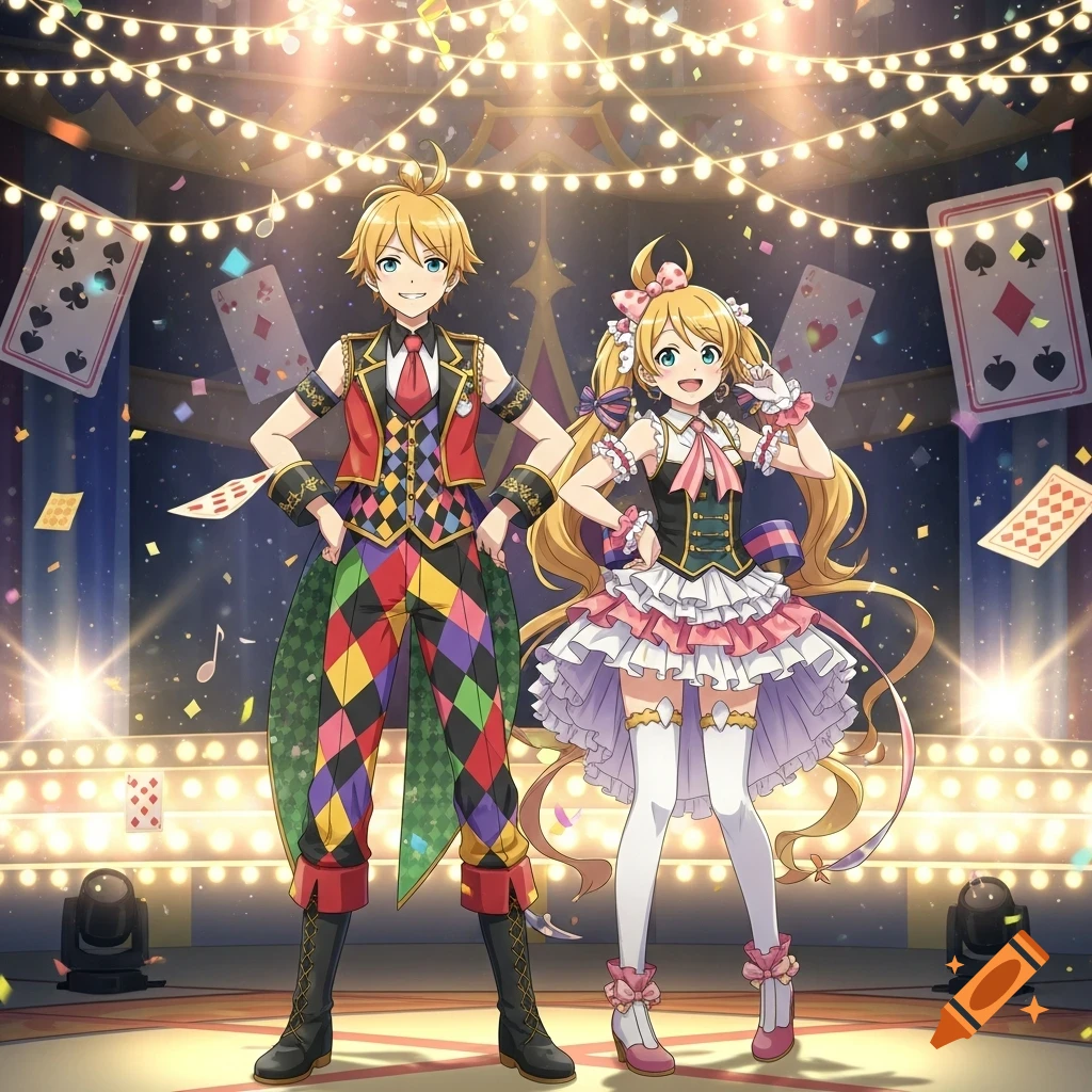 An anime boy and girl in colorful circus-themed outfits stand on a brightly lit stage with floating playing cards and confetti.
