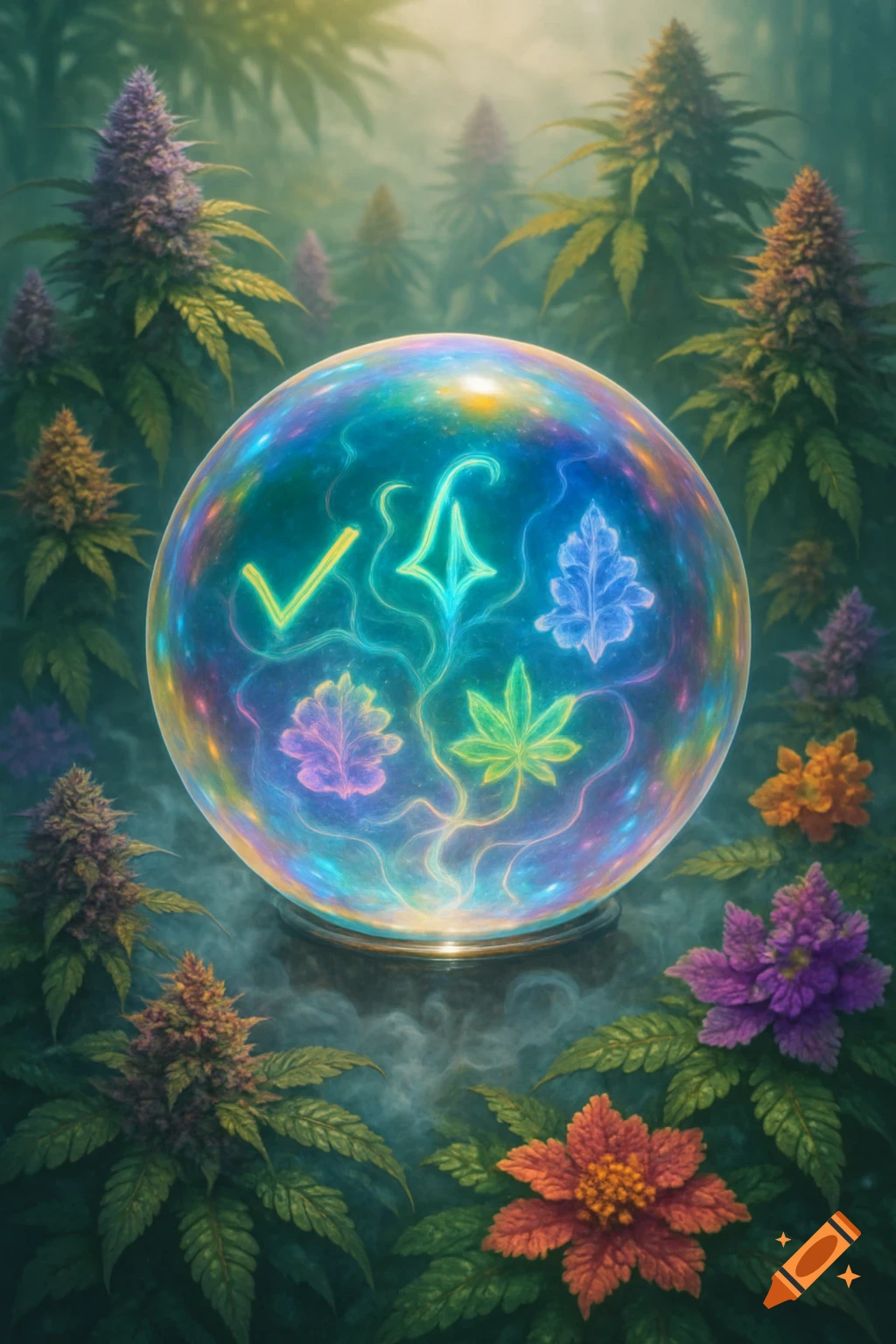 A glowing, rainbow-colored crystal ball with abstract symbols floats amidst lush cannabis plants and vibrant flowers in a mystical, misty forest.