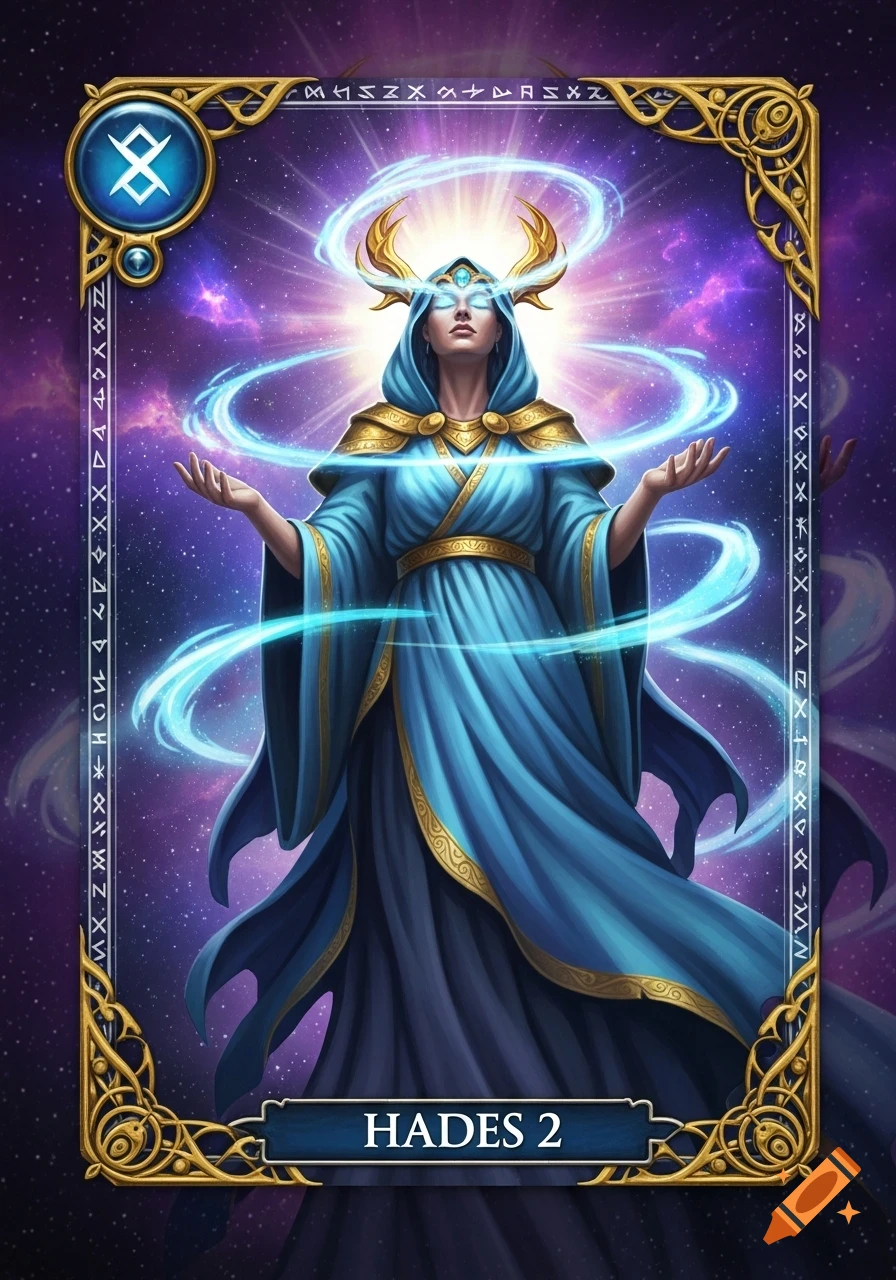 Fantasy trading card of a hooded figure with glowing eyes and golden horns, surrounded by swirling blue light against a starry purple galaxy background.