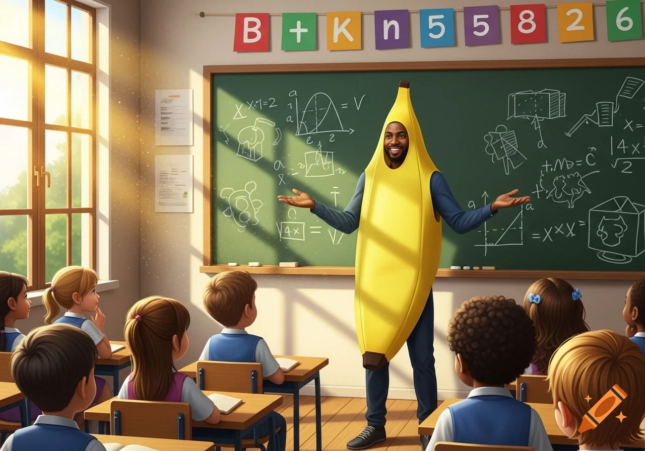 A smiling male teacher in a banana costume stands in front of a blackboard, teaching a class of children.