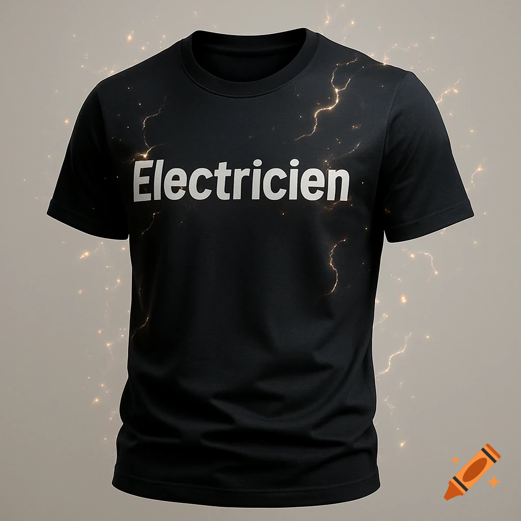 A black t-shirt with the white word "Electricien" printed across the chest, set against a dark background with golden lightning patterns.