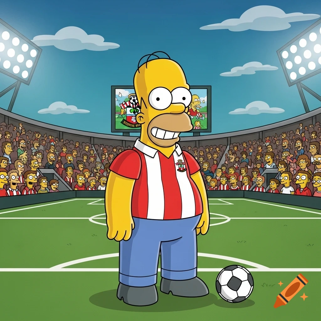 Homer Simpson wearing a red and white striped football jersey and blue pants, standing on a green pitch with a soccer ball in a stadium filled with fans.