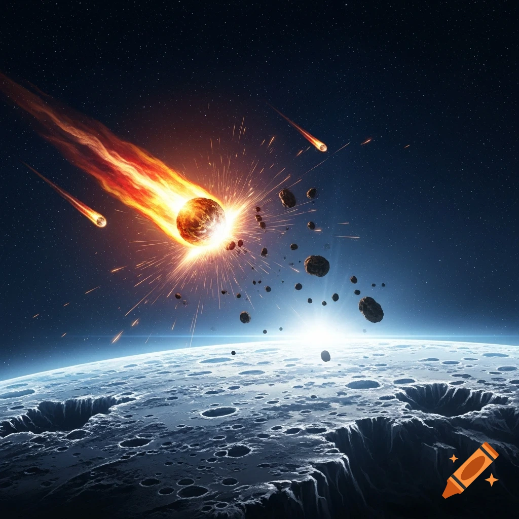 A fiery meteor explodes upon impact with a heavily cratered moon, sending debris and light rays into the dark, star-filled space.