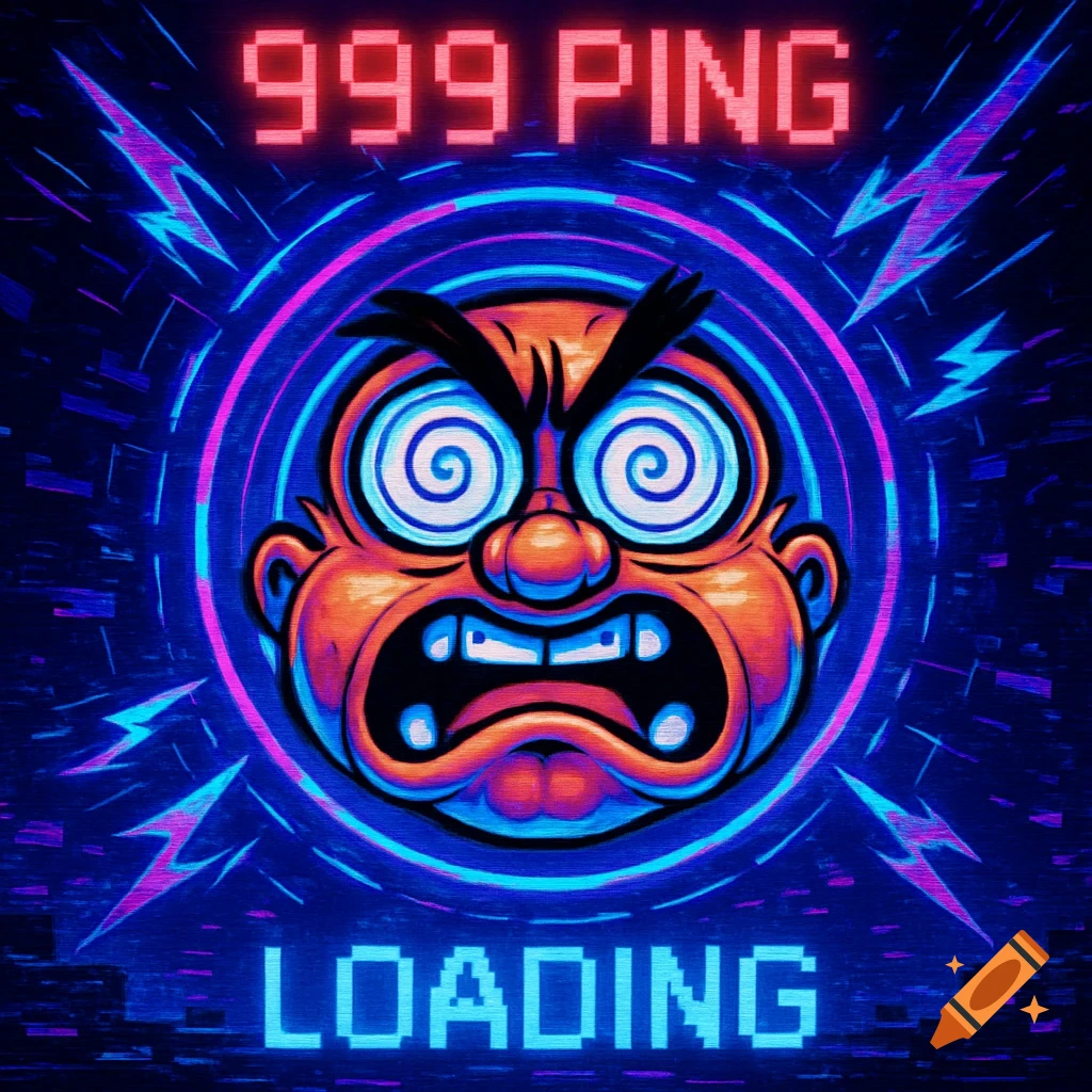 A neon, pixelated image of an angry cartoon face with spiral eyes, '999 PING' and 'LOADING' text, and electric bolts on a dark, glitchy background.