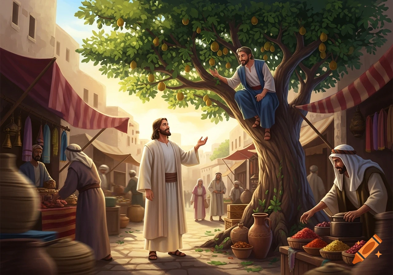 Jesus speaks to Zacchaeus perched in a tree, overlooking a bustling ancient marketplace.