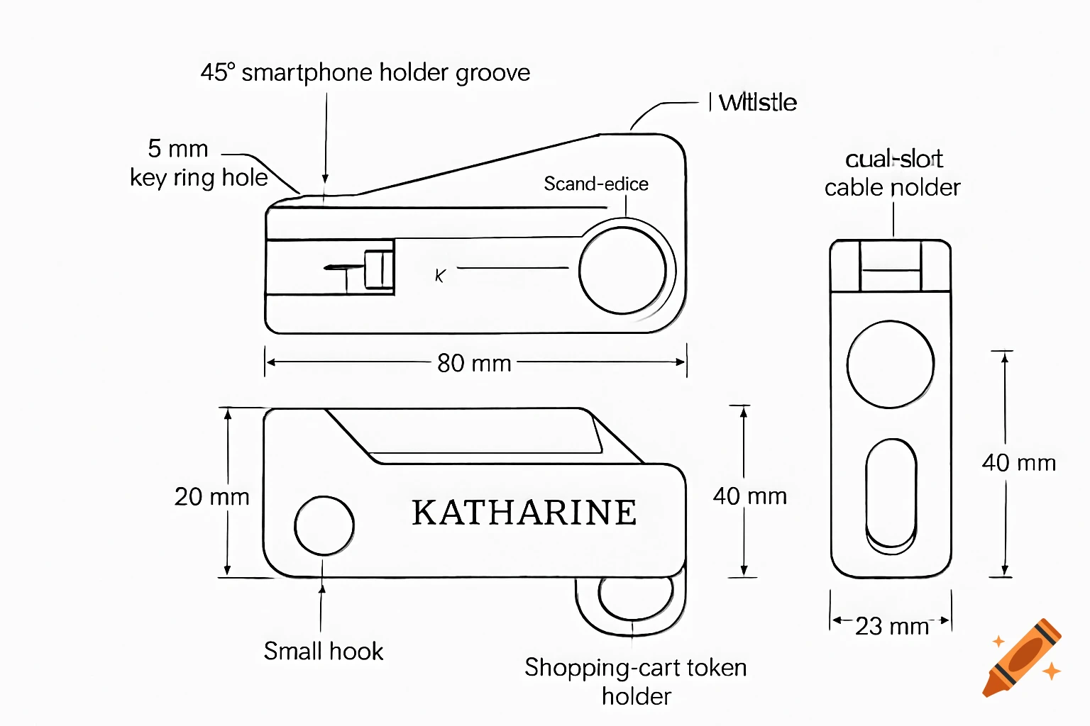 A technical line art drawing in three views showing an 80x40x20 mm multi-function part with a smartphone holder groove, key ring hole, shopping-cart token holder, small hook, and inscribed name KATHARINE, along with dimensions.