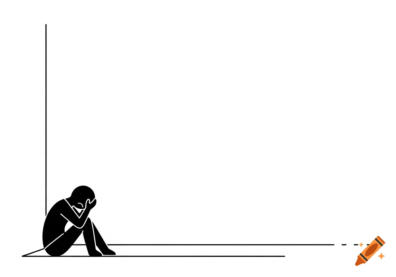 Black silhouette of a person sitting slumped in a white corner, head in hands, in a minimalist line art style.