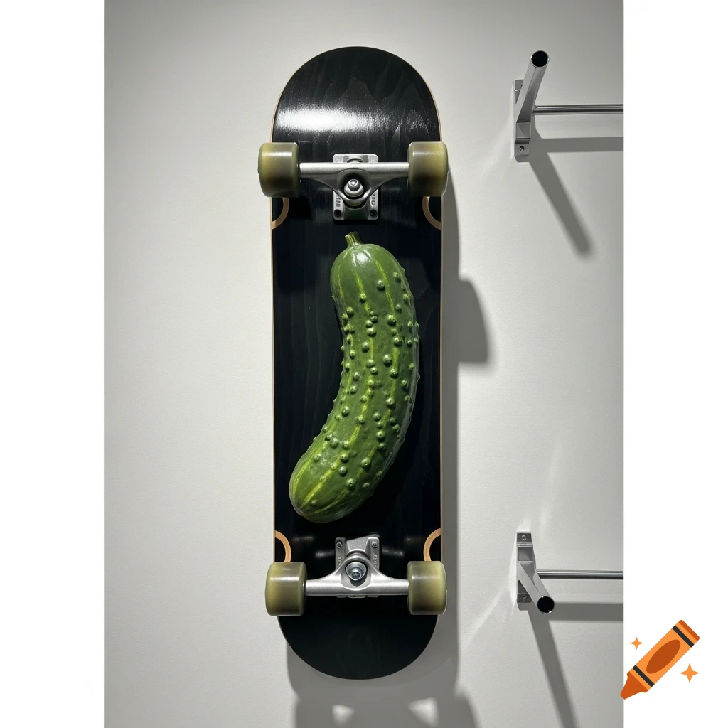 A black skateboard with a realistic 3D pickle sculpture on its deck, hanging on a white wall next to a metal rack.