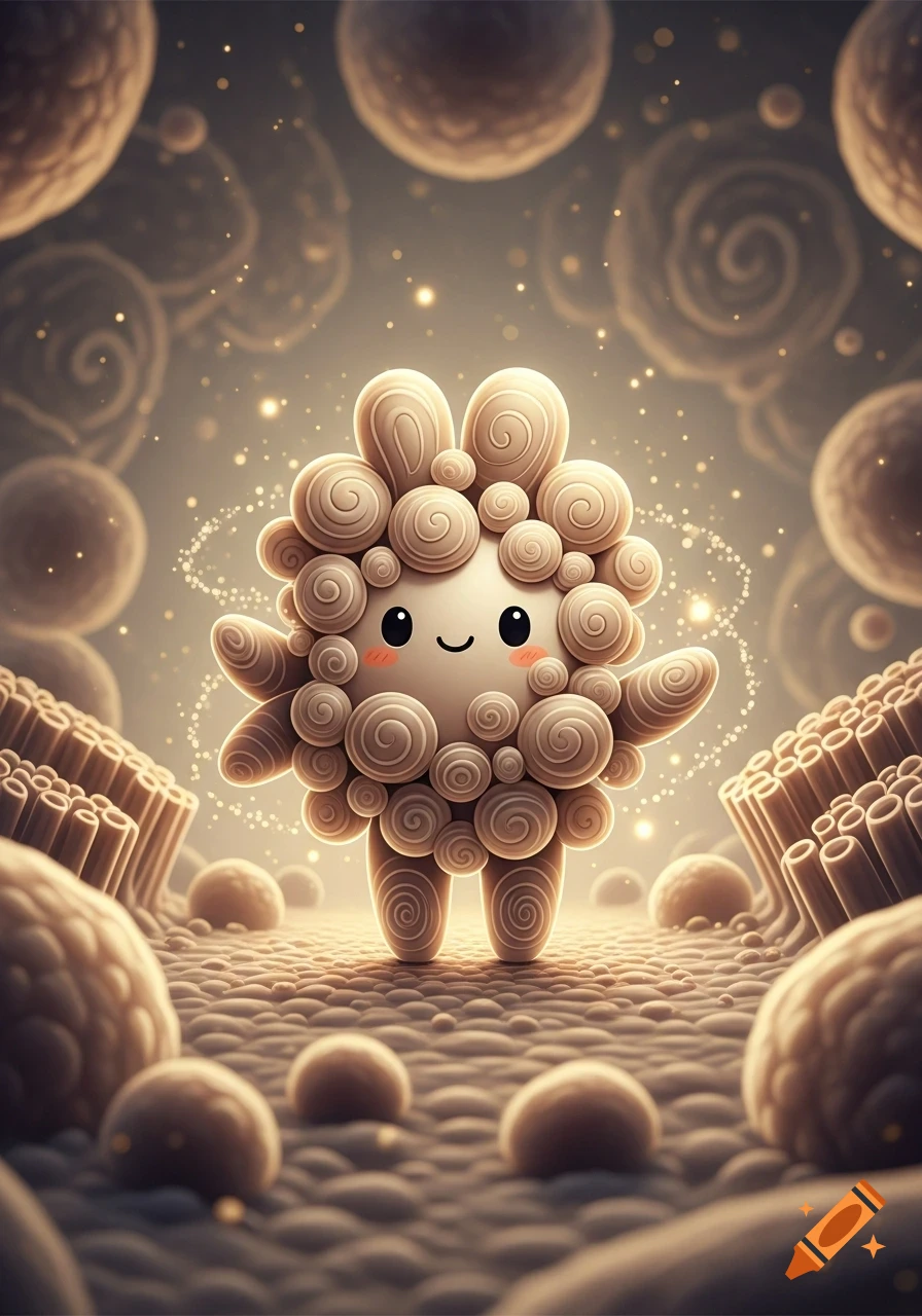 A cute, beige, spiraled character with a happy face stands in a glowing microscopic world filled with cells and tubular structures.