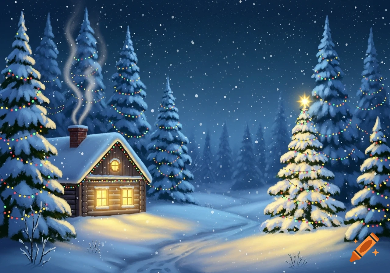 A cozy winter landscape with a snow-covered cabin and decorated Christmas trees under a starry night sky.