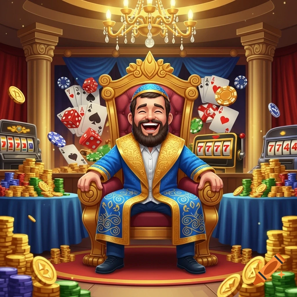 A cartoon man in a blue and gold robe laughs on a golden throne, surrounded by casino games, gold coins, cards, and dice.