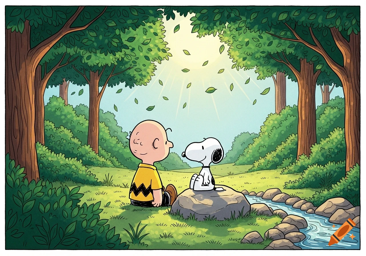 Cartoon of Charlie Brown and Snoopy sitting in a sunny forest with a stream, falling leaves, and large trees.