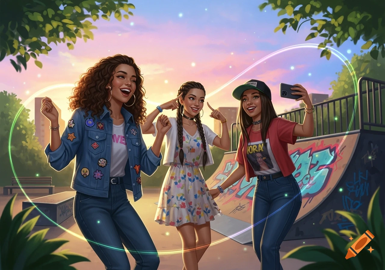 Three smiling teen girls pose in a colorful, stylized urban park at sunset, featuring a skatepark with graffiti.
