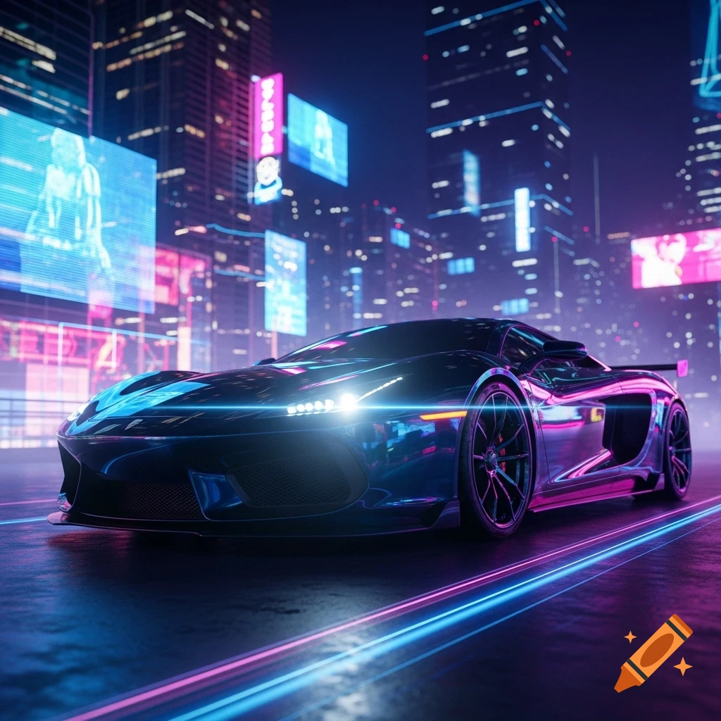 A sleek black sports car with glowing blue and pink accents drives through a futuristic neon city at night.