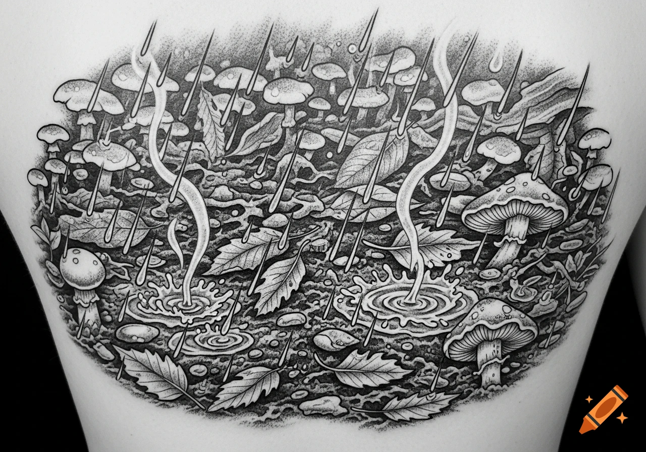A black and white stipple tattoo depicting mushrooms and fallen leaves under rainfall, with puddles and splashes.