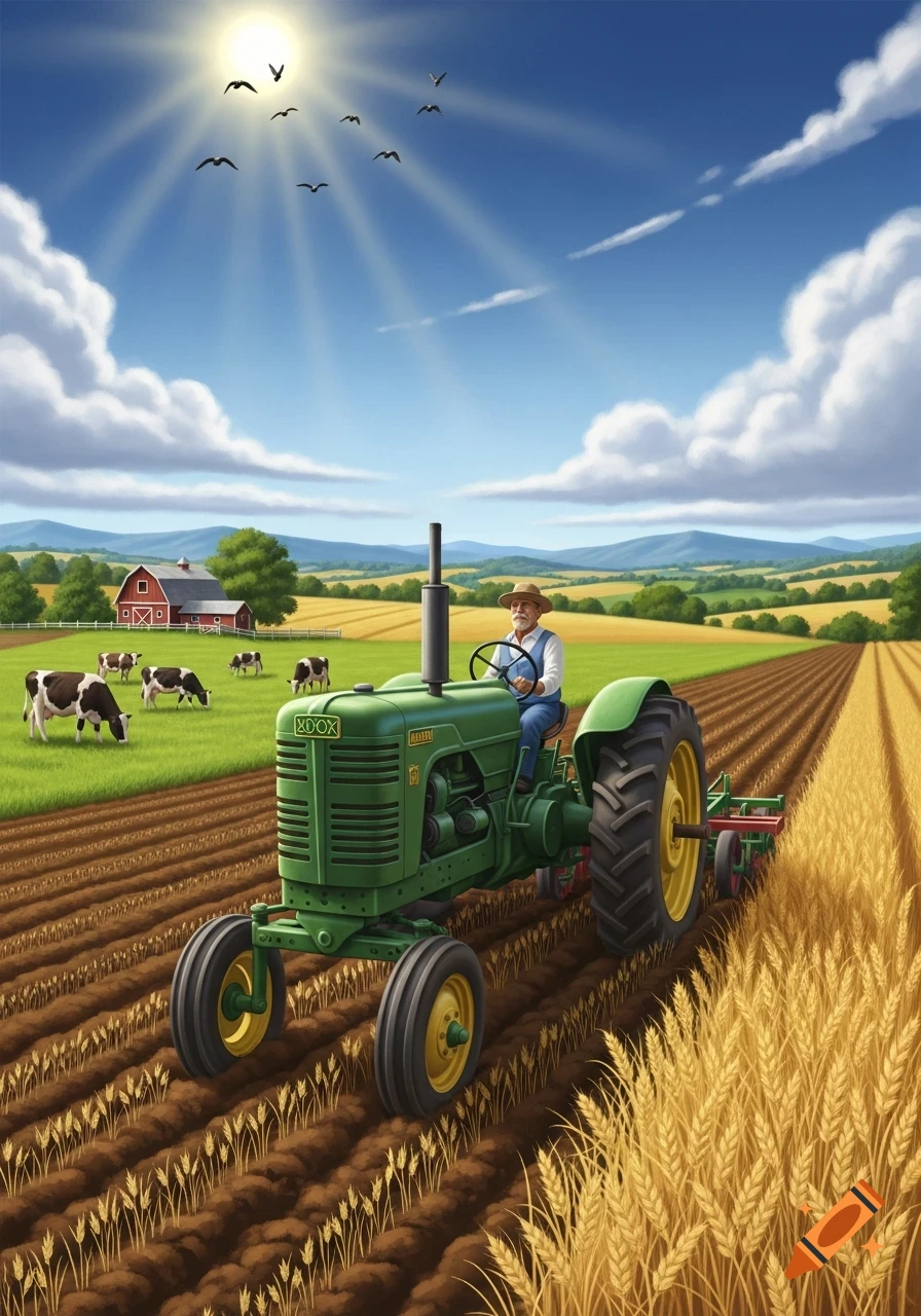 A farmer drives a green tractor through a field of wheat under a bright sun. Cows graze in a pasture near a red barn in the background.